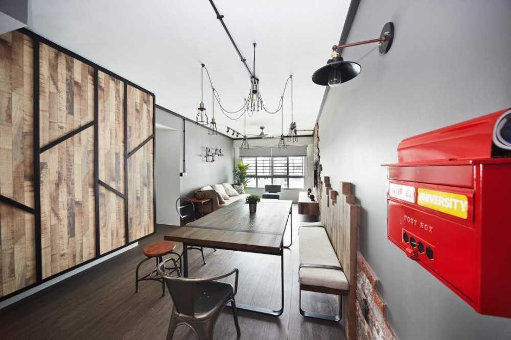 Industrial Dining Room with Feature Wall and Drop Light