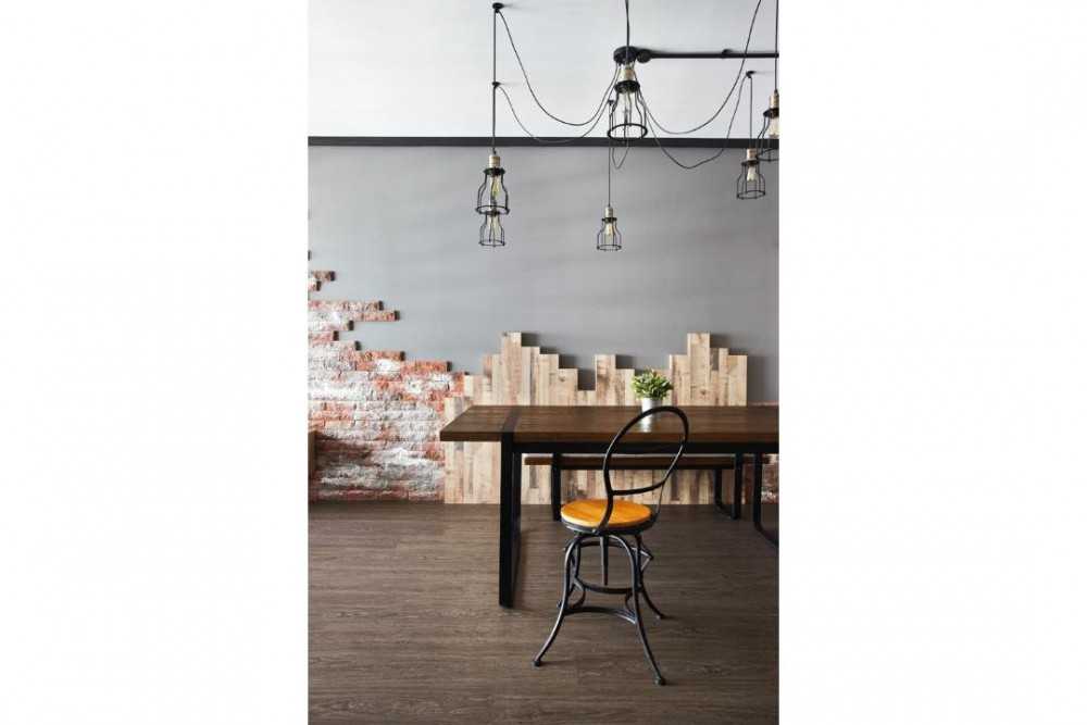 Industrial Dining Room with Feature Wall and Drop Light