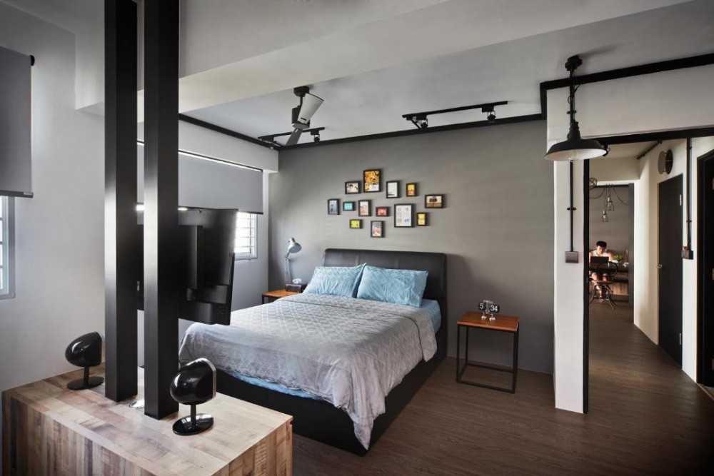 Industrial Bedroom with Side Table and Queen Bed