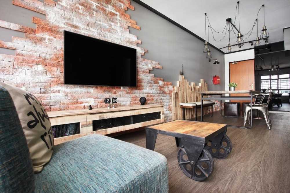 Industrial Living Room with TV Console and Feature Wall