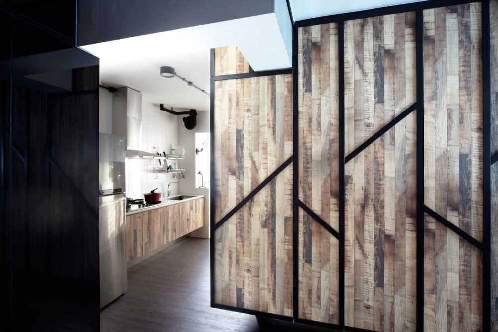 Industrial Hallway with Feature Wall and Storage Cabinets