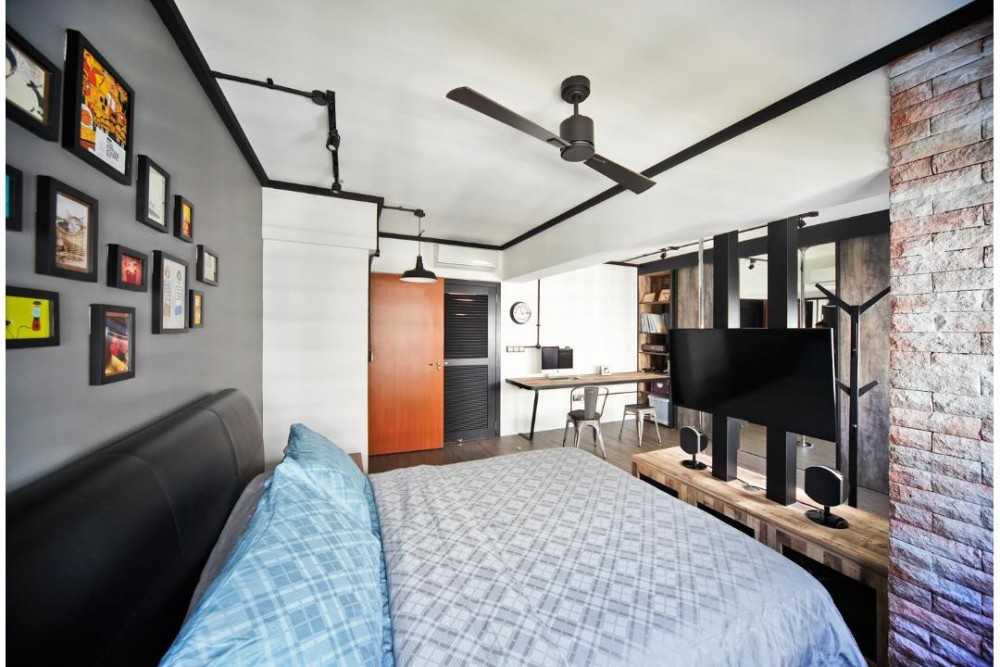 Industrial Bedroom with Ceiling Fan and Queen Bed