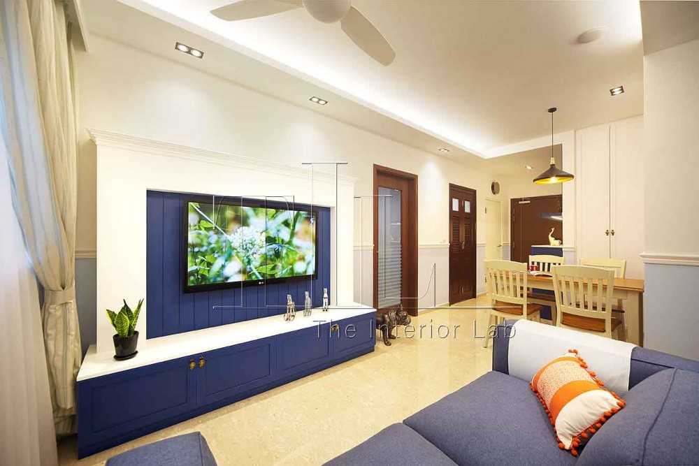 Eclectic Living Room with TV Console and Cove Lighting
