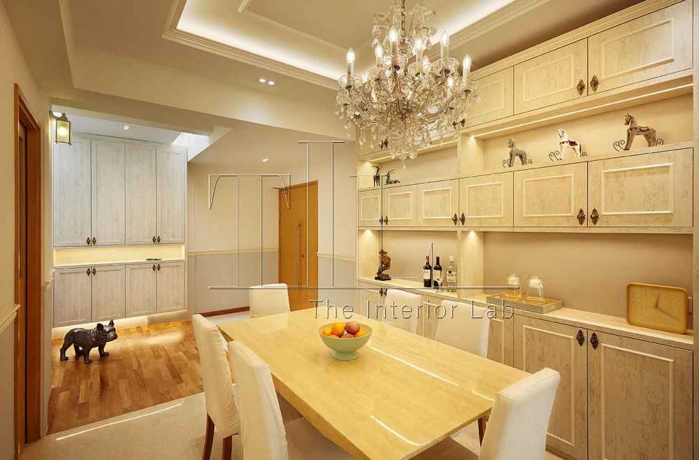Transitional Dining Room with Cove Lighting and Chandelier