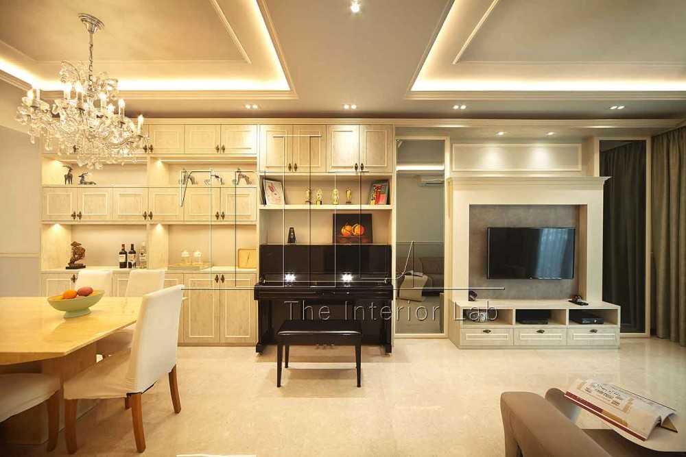 Transitional Living Room with TV Console and Mirror