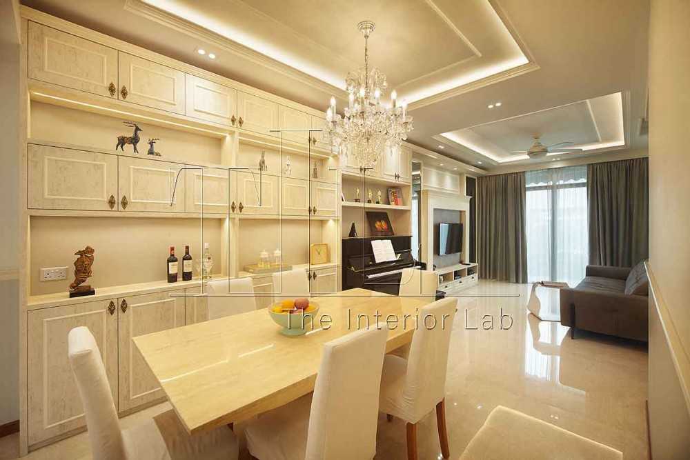 Transitional Dining Room with Cove Lighting and Chandelier