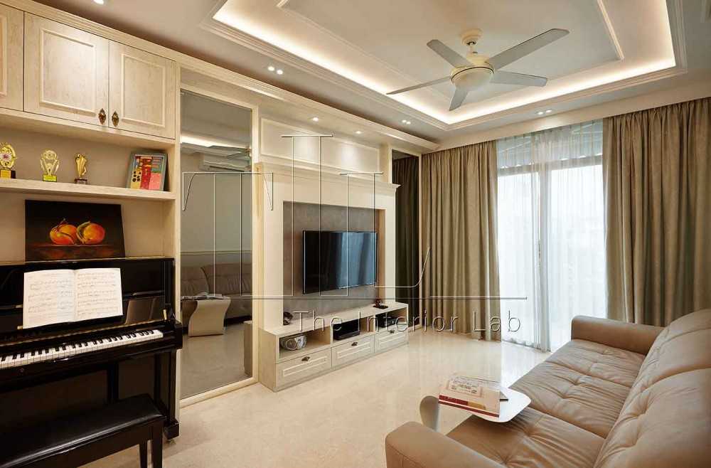 Transitional Living Room with TV Console and Feature Wall