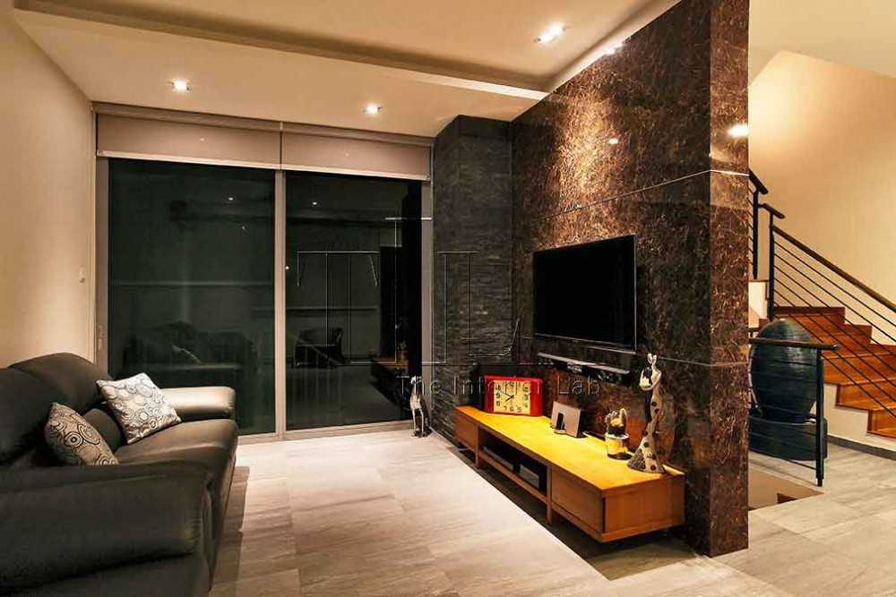 Transitional Living Room with Homogeneous Tiles and TV Console