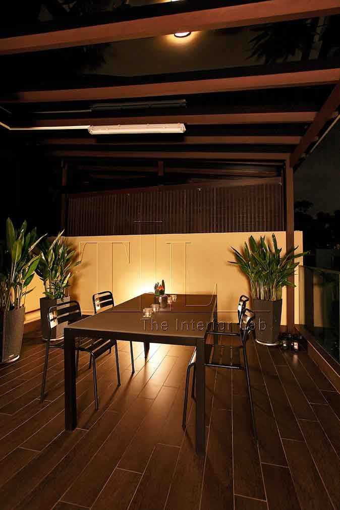 Transitional Balcony with Window Shutters and Outdoor Table