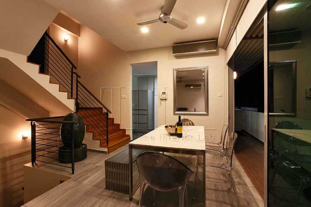 Transitional Dining Room with Mirror and Staircase