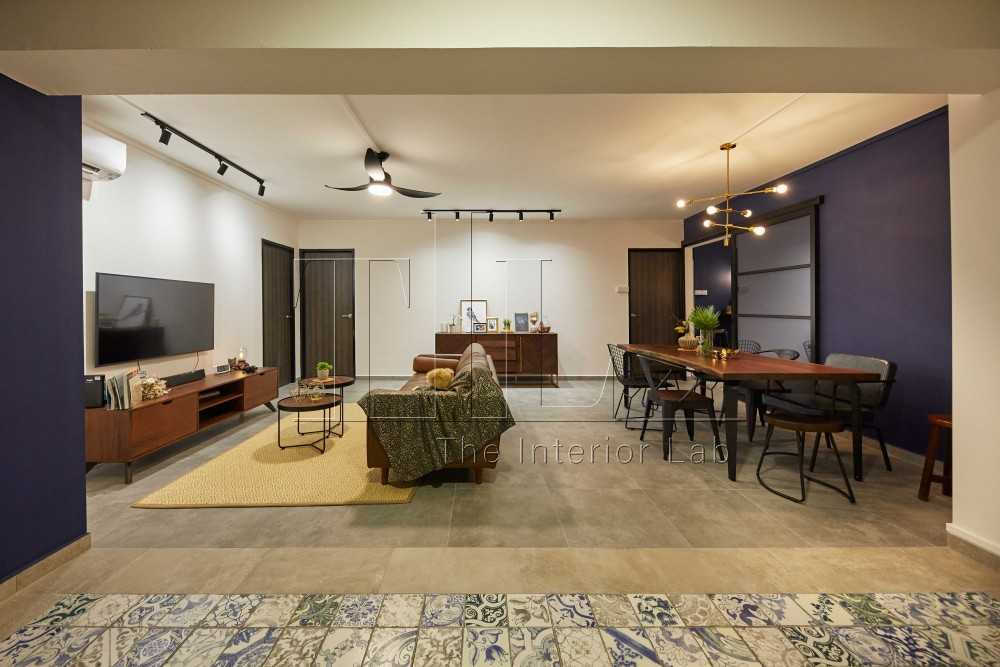 Contemporary Dining Room with Feature Wall and Ceiling Light
