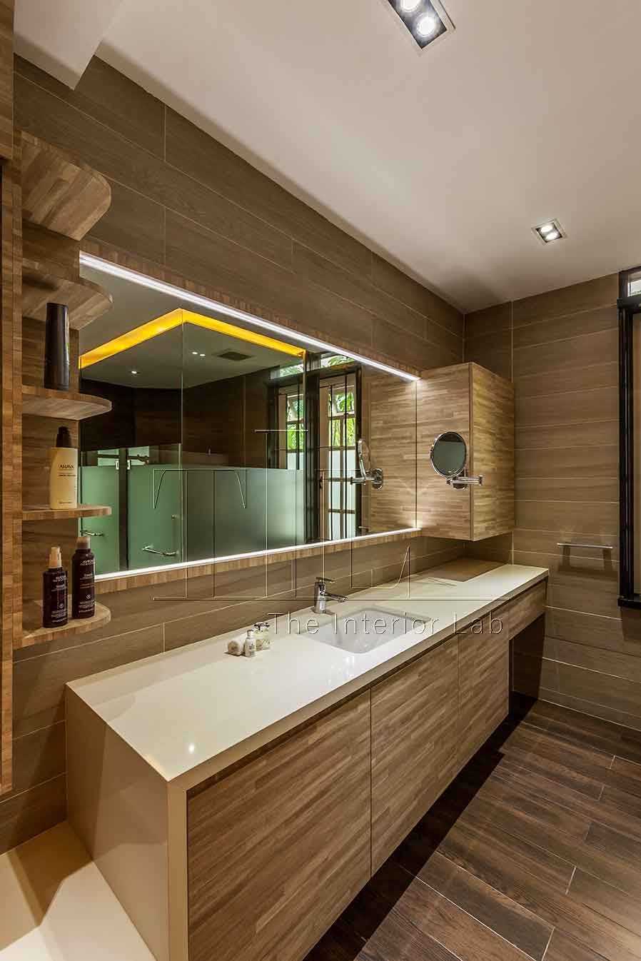 Contemporary Bathroom with Wood Flooring and Mirror