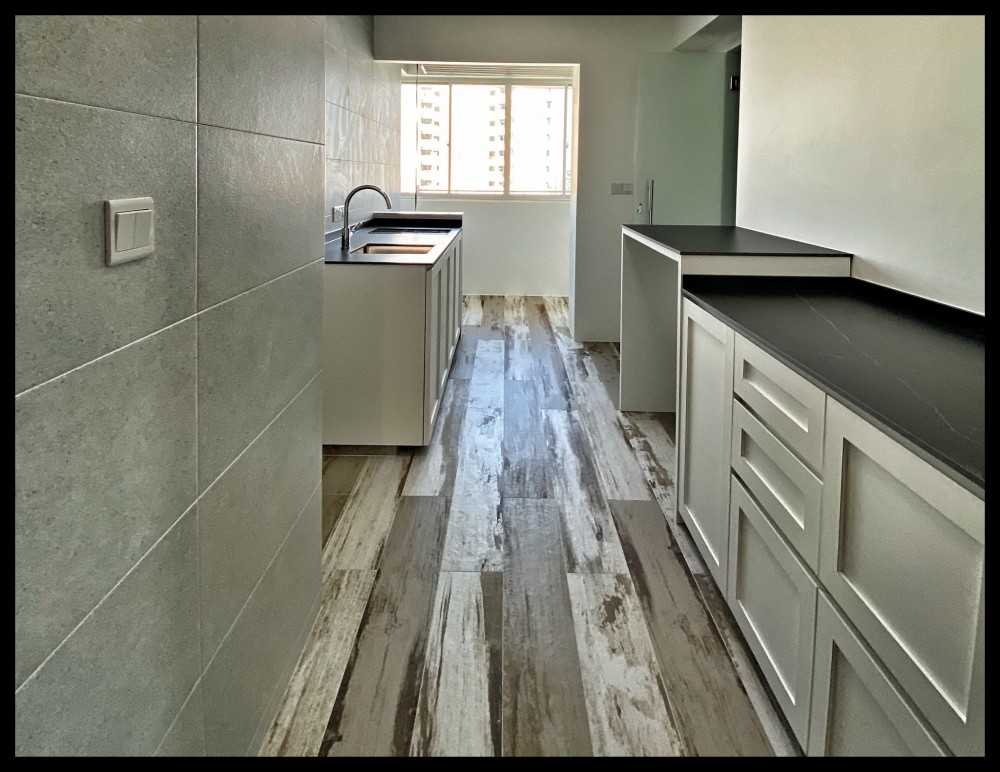 Country Kitchen with Homogeneous Tiles and Cupboard