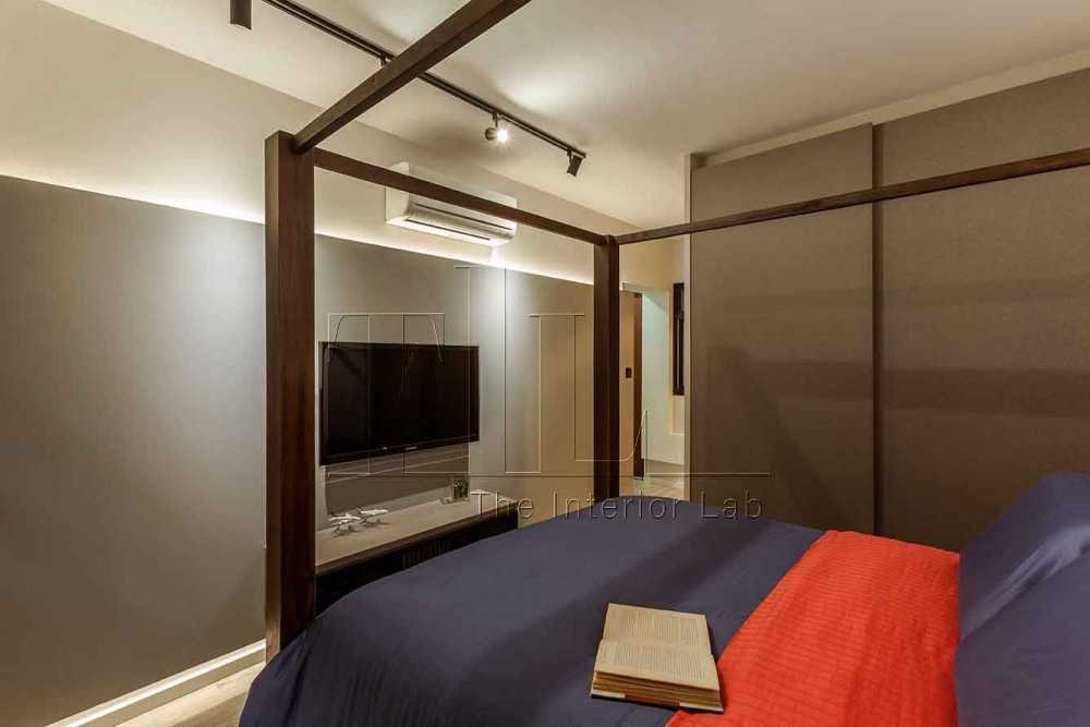 Eclectic Bedroom with TV Console and Cove Lighting