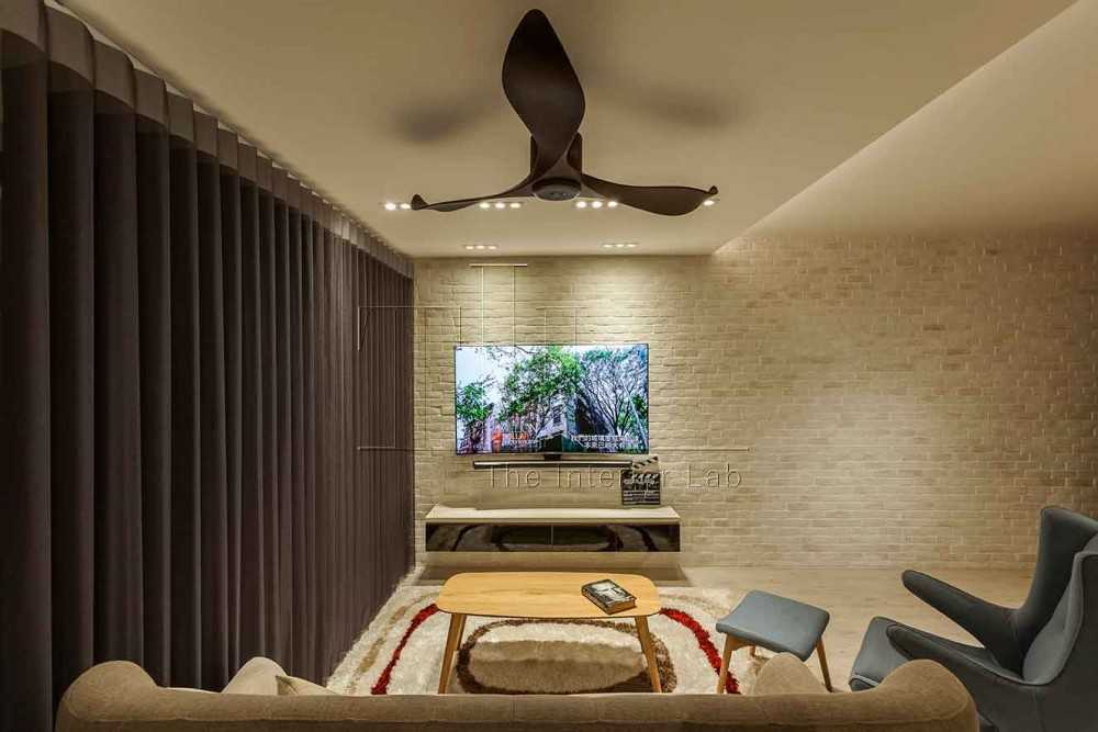 Eclectic Living Room with TV Console and Ceiling Fan