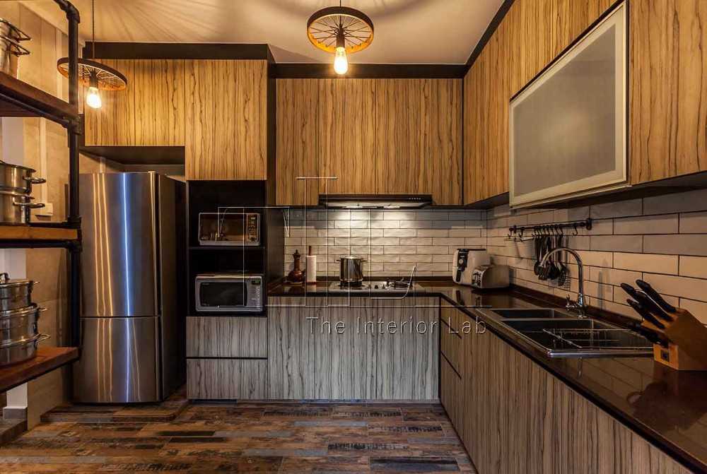 Industrial Kitchen with Wood Flooring and Kitchen Backsplash