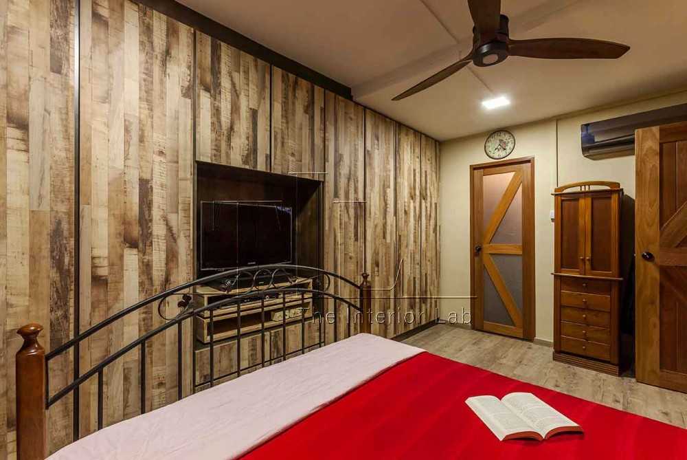 Industrial Bedroom with TV Console and Feature Wall