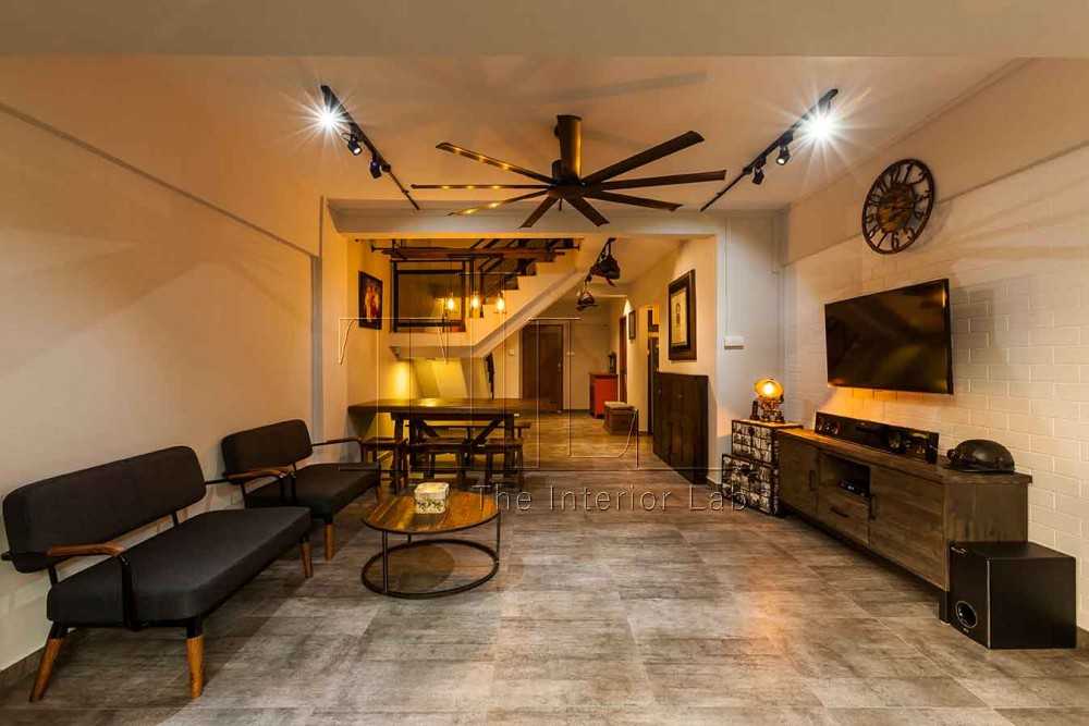 Industrial Living Room with TV Console and Seating Bench