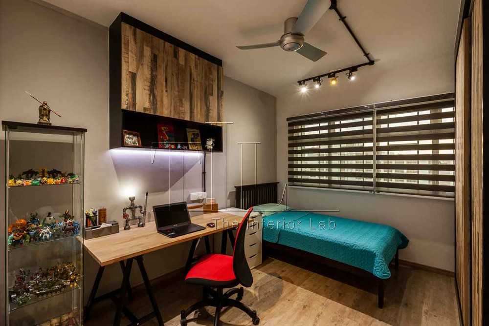 Industrial Bedroom with Window Shutters and Desk Chairs