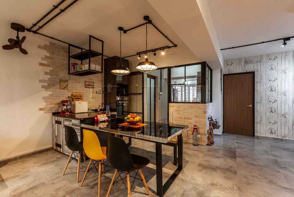 Industrial Dining Room with Drop Light and Breakfast Counter