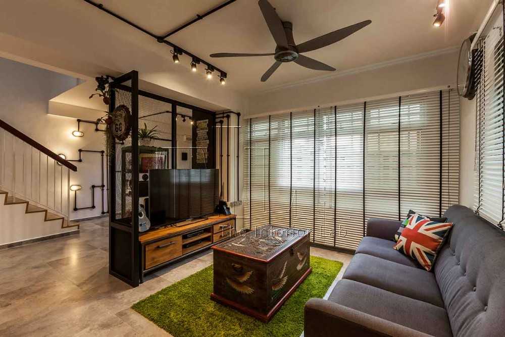 Industrial Living Room with TV Console and Ceiling Fan