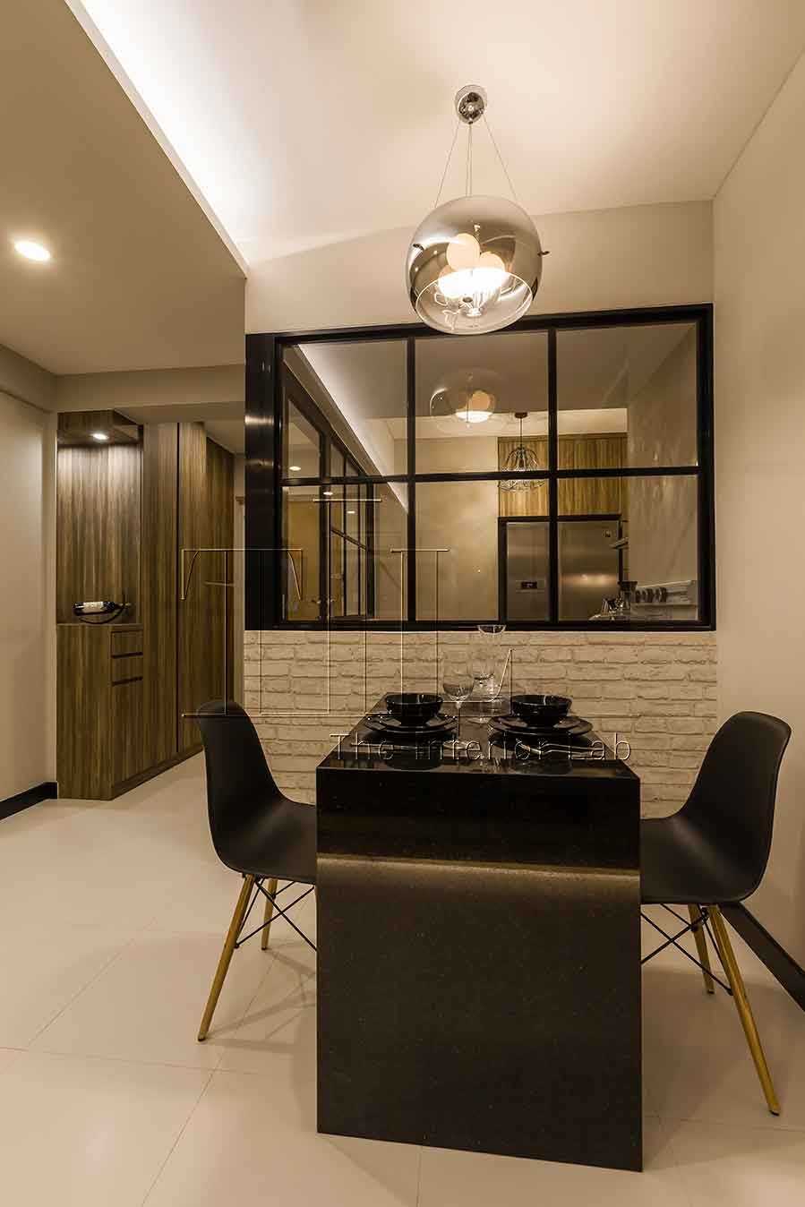 Modern Dining Room with Feature Wall and Kitchen Window
