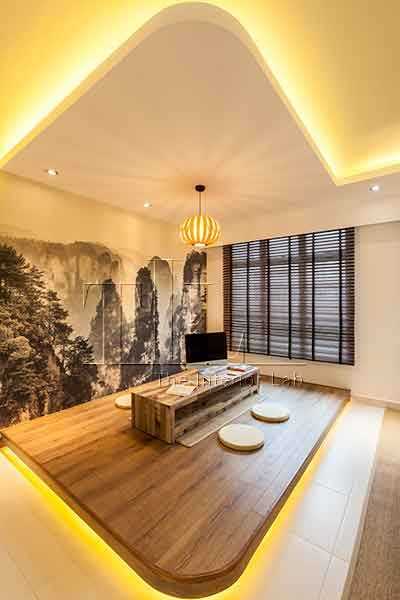 Minimalist Home Office with Wood Flooring and Cove Lighting