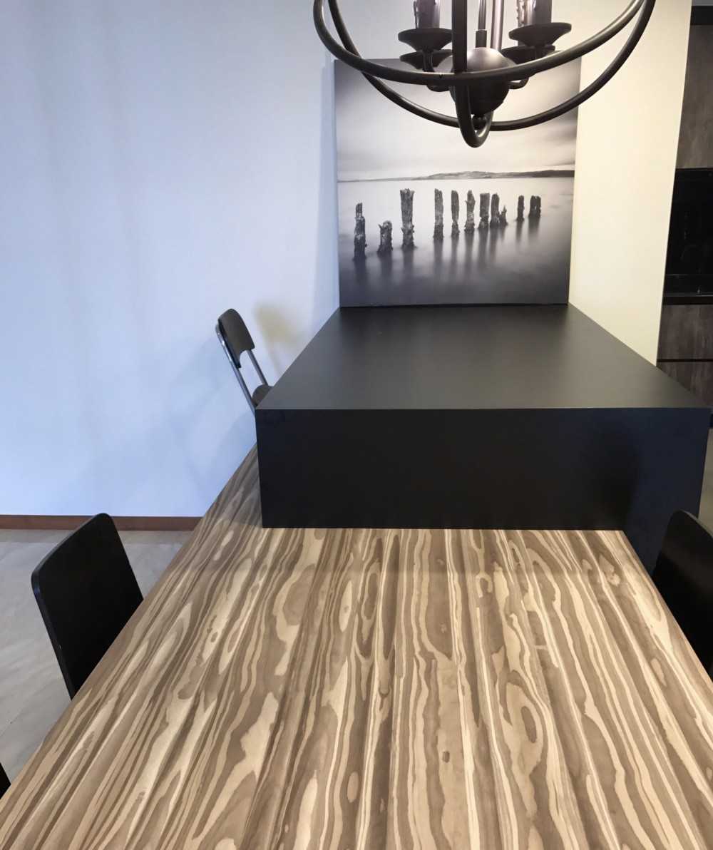 Scandinavian Dining Room with Mirror and Kitchen Island