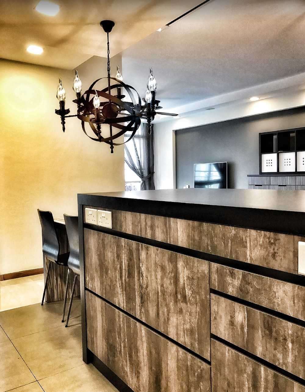 Scandinavian Dining Room with Kitchen Island and Chandelier