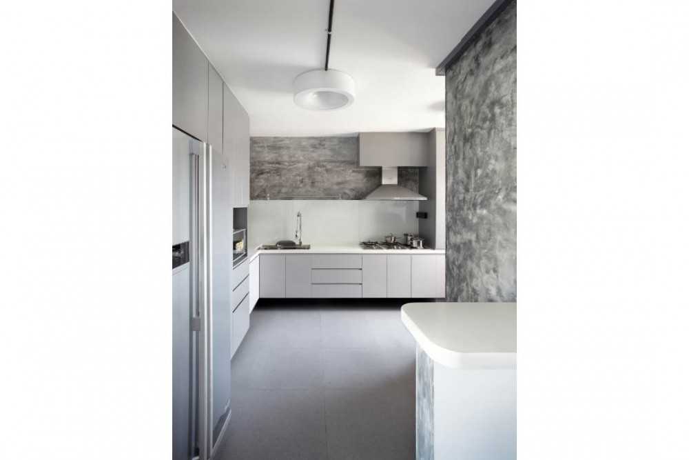 Industrial Kitchen with Kitchen Cabinets and Refrigerator