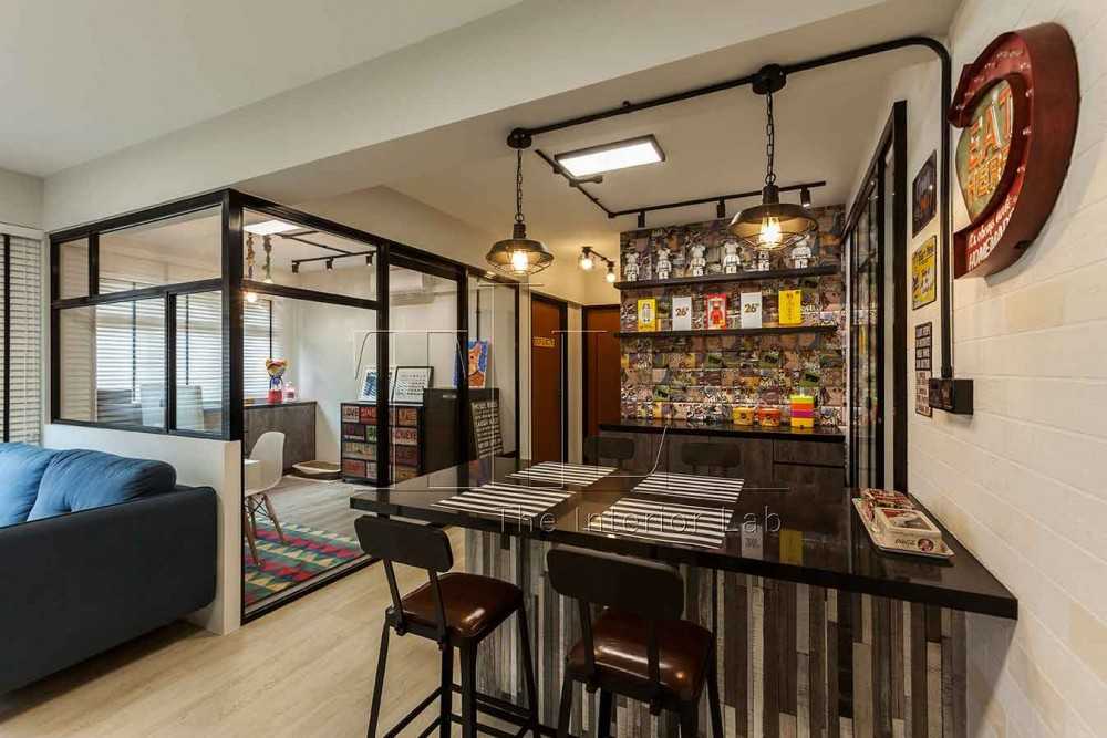 Industrial Dining Room with Feature Wall and Drop Light