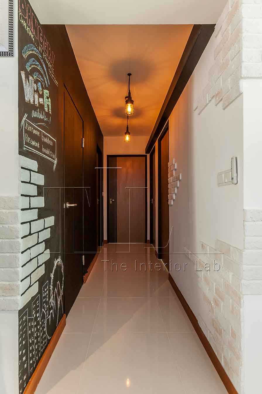 Industrial Hallway with Marble Floor and Feature Wall