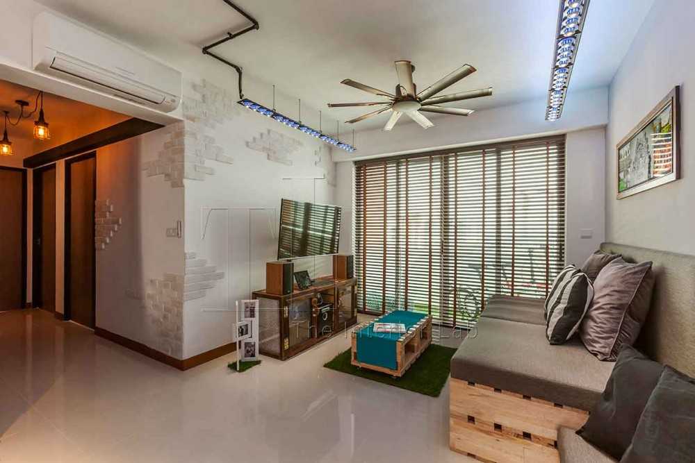 Industrial Living Room with Marble Floor and TV Console