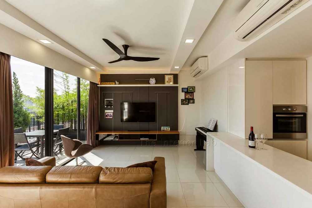 Modern Living Room with Homogeneous Tiles and TV Console