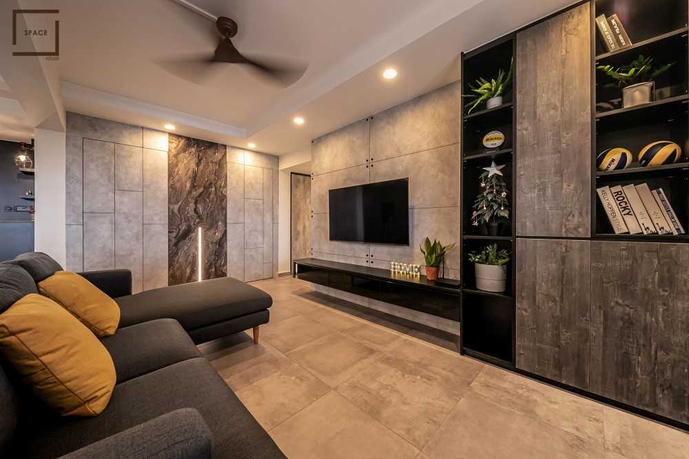 Contemporary Living Room with Bookshelf and Drop Light