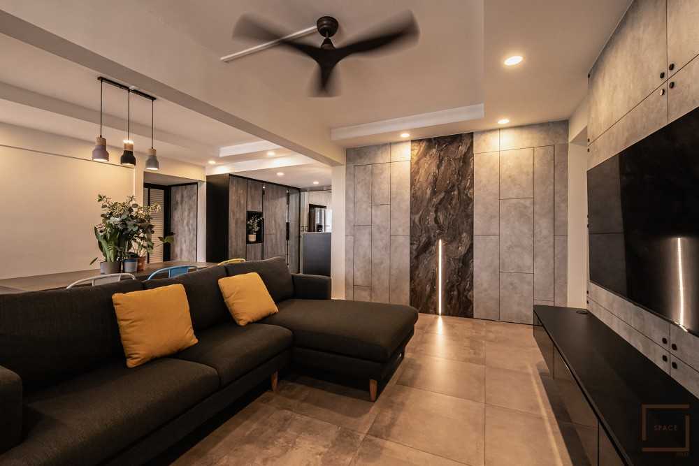 Contemporary Living Room with TV Console and Drop Ceiling