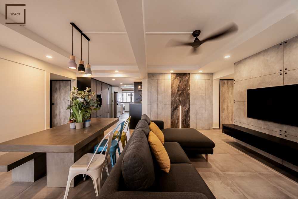 Contemporary Living Room with Homogeneous Tiles and TV Console