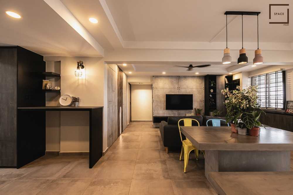 Contemporary Living Room with TV Console and Drop Light