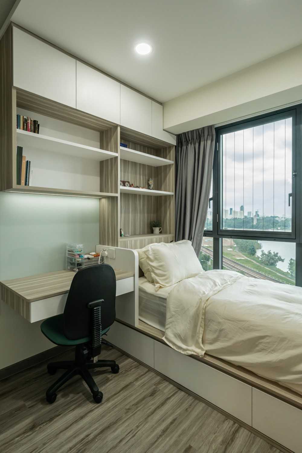 Modern Bedroom with Bookshelf and Platform Bed