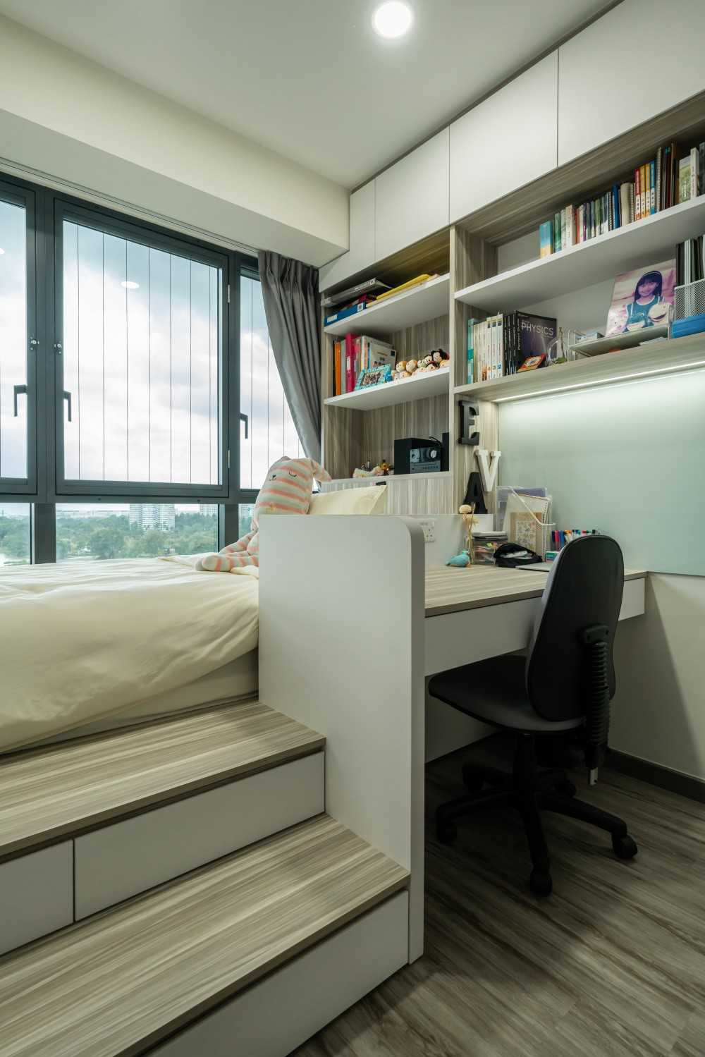Modern Bedroom with Bookshelf and Platform Bed