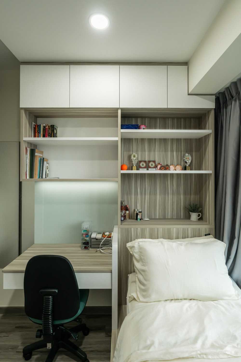 Modern Bedroom with Bookshelf and Platform Bed