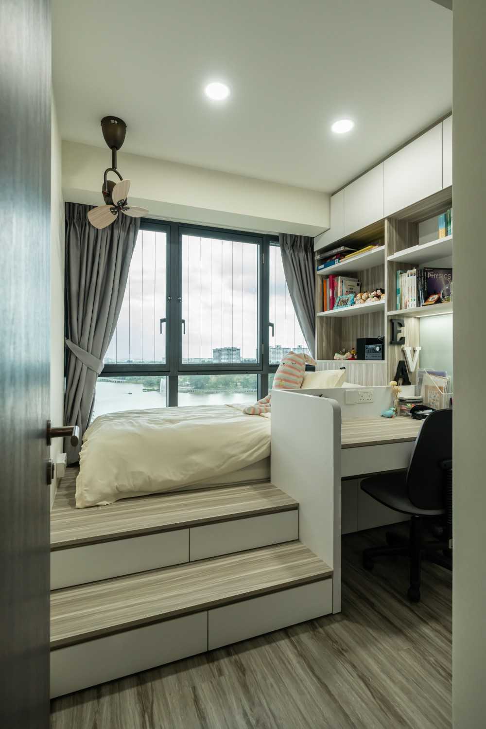 Modern Bedroom with Bookshelf and Platform Bed