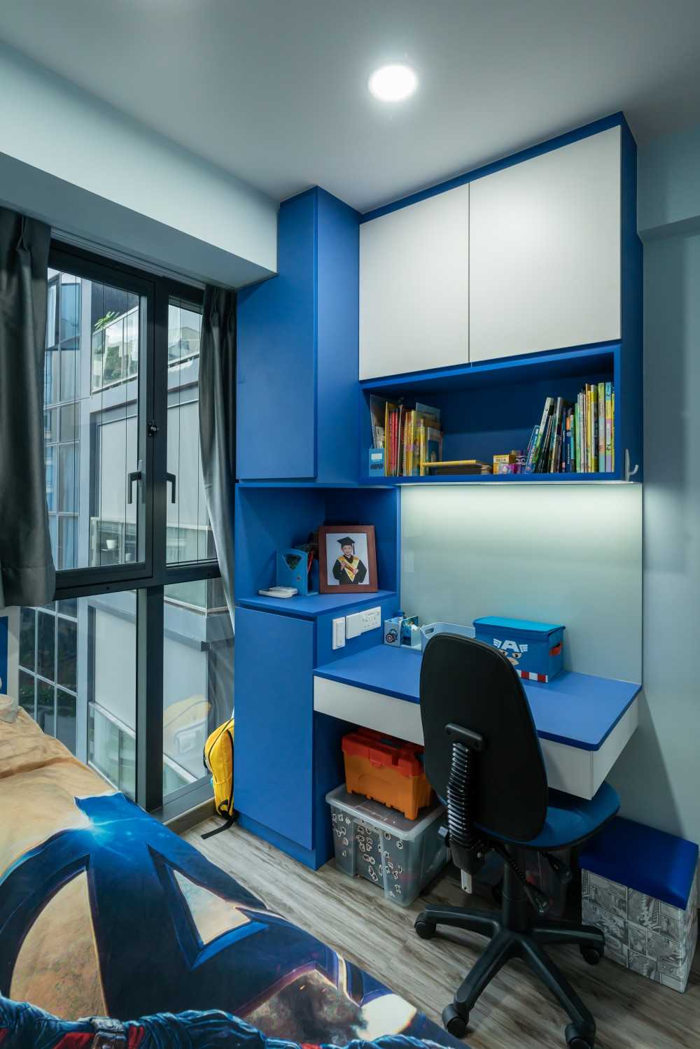 Modern Bedroom with Bookshelf and Platform Bed