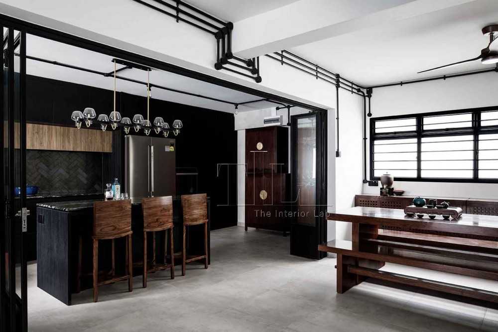 Industrial Kitchen with Homogeneous Tiles and Kitchen Window