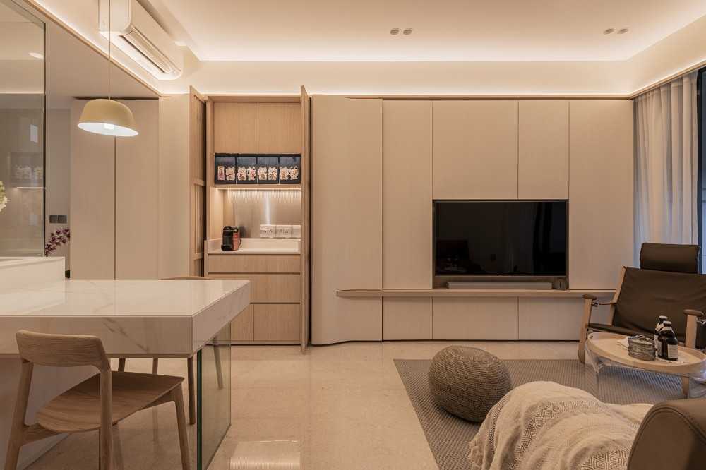 Minimalist Living Room with Herringbone Tiling and Feature Wall