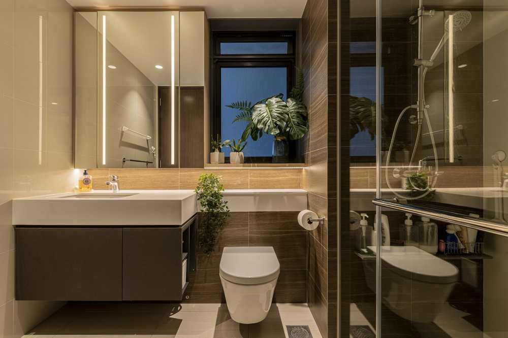 Minimalist Bathroom with Shower Screen and Laundry Baskets