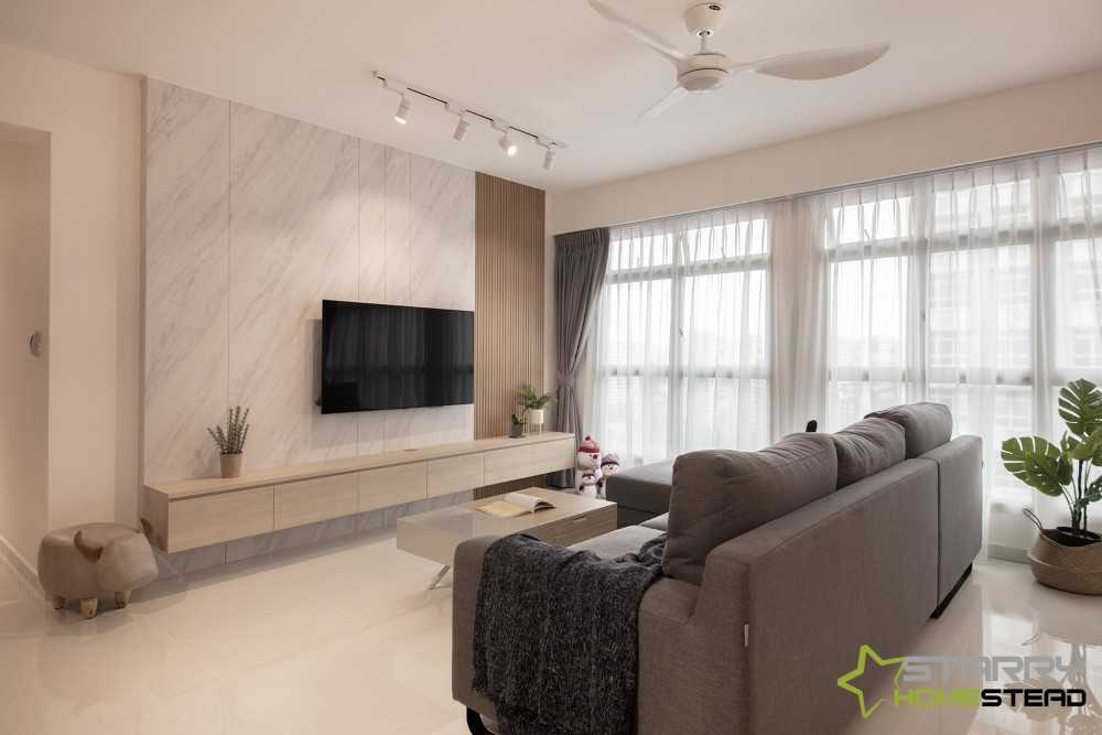 Scandinavian Living Room with TV Console and Feature Wall