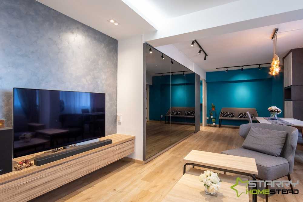 Contemporary Living Room with TV Console and Mirror