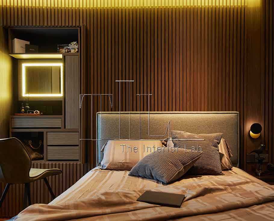 Modern Bedroom with Homogeneous Tiles and Bay Window