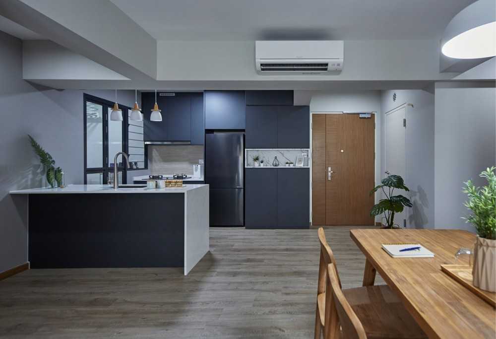 Modern Dining Room with Countertop and Ceiling Light